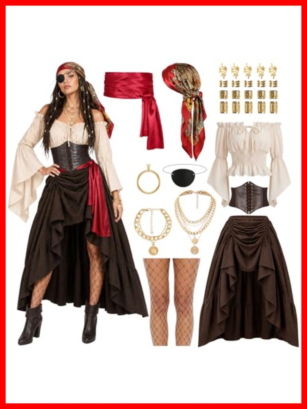 Renaissance Pirate Costume Women Medieval Halloween Tops Skirt Full Set